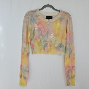 Le Superbe Pastel Crop Button Up Sweater with Large Sequin Accents.  Size Small